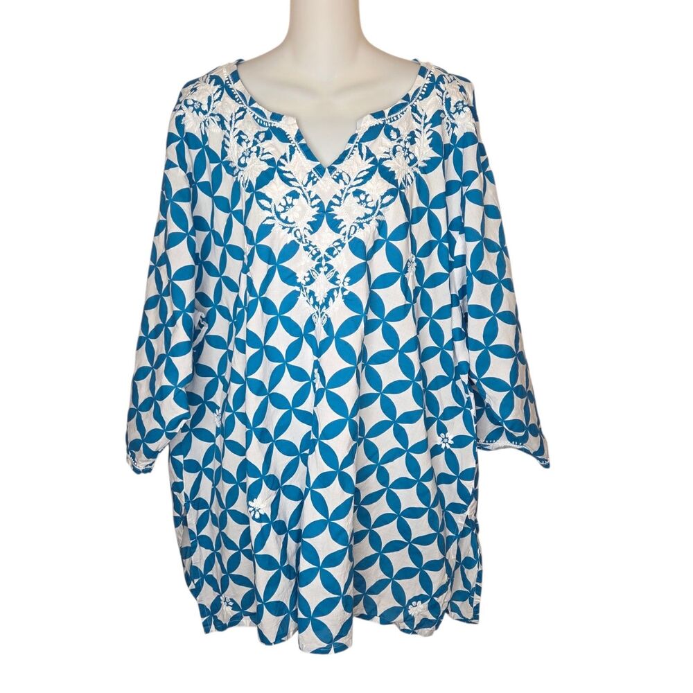 Ayurvastram Plus Size 4X Blue White Cotton Hand Embroidered Boho Tunic Kurti